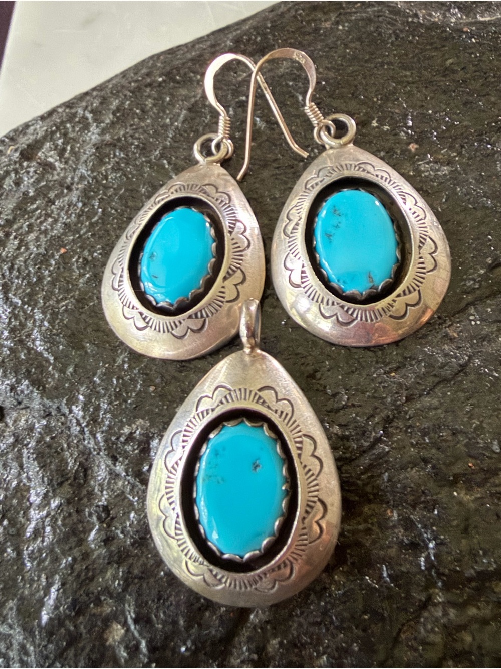 Native American Turquoise Vintage Shadowbox Earrings and Necklace Set